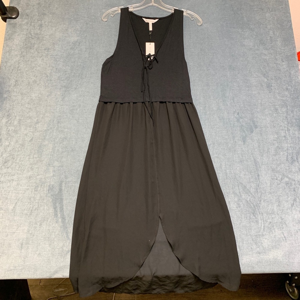 BCBGeneration Mixed Media Tie Detail Top Womens Small Black Tulip Hem Sleeveless